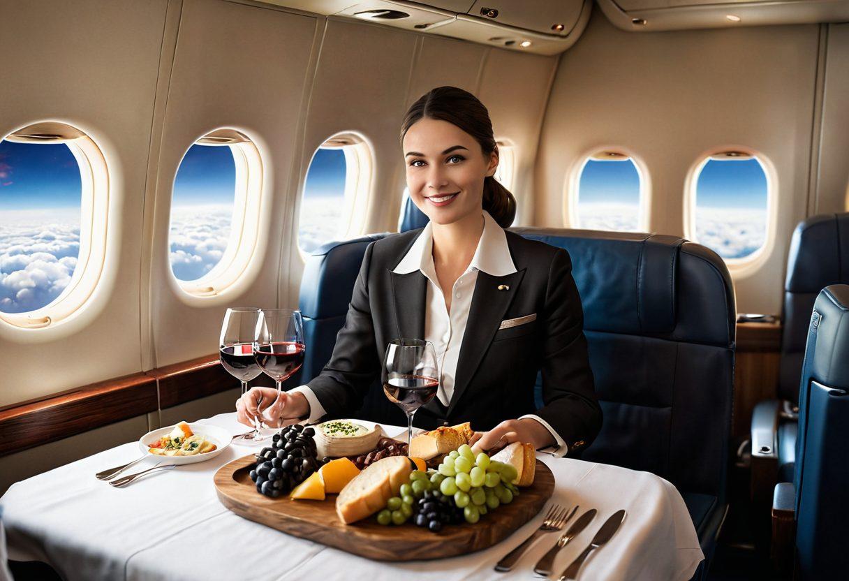 A cozy airplane cabin scene with a sommelier elegantly presenting a selection of wines paired with gourmet meals. Passengers enjoy their drinks, with clouds visible through the window, symbolizing altitude. Include wine bottles, glasses, and a small platter of food, suggesting a premium travel experience. The warm lighting creates an inviting ambiance, illustrating relaxation and enjoyment at 30,000 feet. super-realistic. vibrant colors. 3D.
