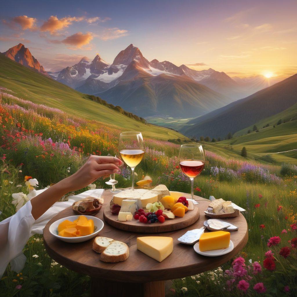 A scenic mountain landscape at sunset, with guests raising their glasses of fine wine in a toast, joyfully celebrating amidst vibrant wildflowers. The atmosphere conveys high altitude elegance with soft golden light illuminating the scene, showcasing breathtaking views of distant peaks. Include a wooden table adorned with an assortment of gourmet cheeses and fruits beside the guests. super-realistic. vibrant colors. warm tones.