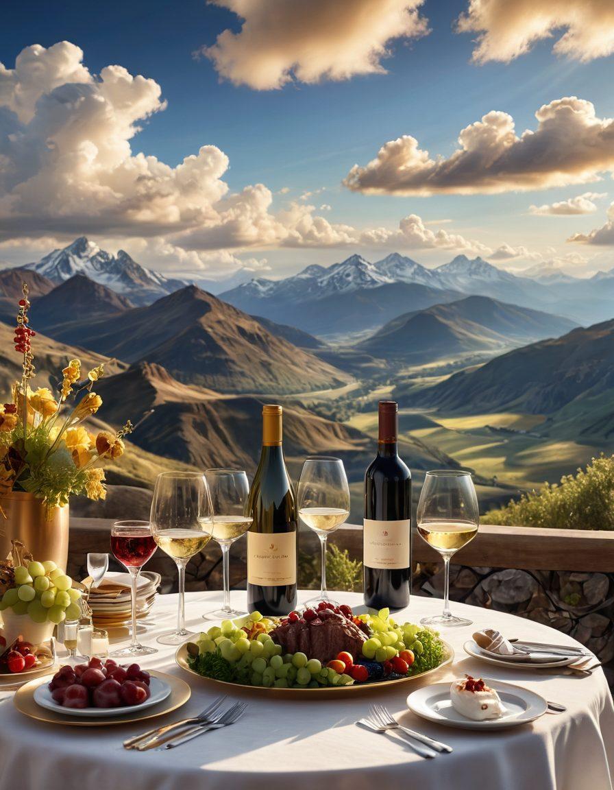 A breathtaking high-altitude landscape featuring a luxurious outdoor celebration with elegantly set tables. Include various wine bottles and glasses paired with gourmet dishes, surrounded by fluffy clouds and mountains in the background. Soft golden sunlight filtering through the scene, creating a magical atmosphere. super-realistic. vibrant colors.